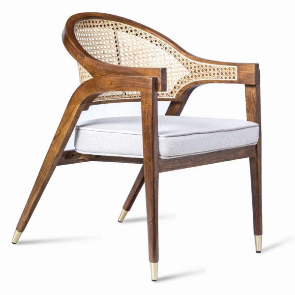 Krzesło drewniane HAVANA z akacji z ratanowym oparciem i tapicerowanym siedziskiem