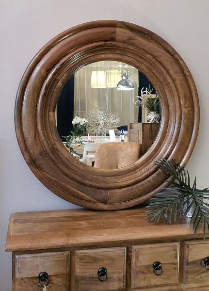 Okrągłe frezowane drewniane lustro 80cm z mango, toffi