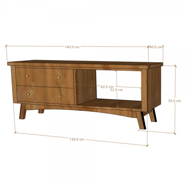 TV-Schrank aus Holz BONN 140 cm mit Schubladen und Regal aus Akazie - Farbe JAVA 50