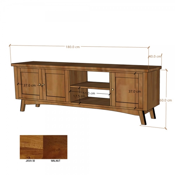 Szafka RTV drewniana BONN 180 cm z szafkami i półką z akacji - kolor JAVA 50
