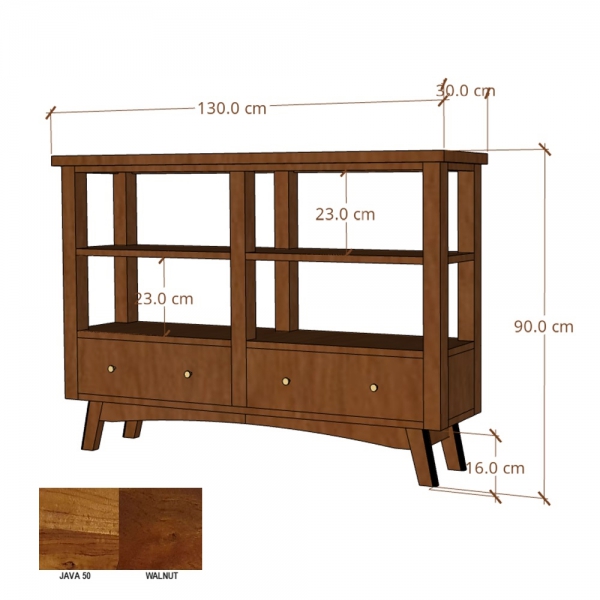 Konsola drewniana BONN 130 cm z półkami i szufladami z akacji - kolor WALNUT