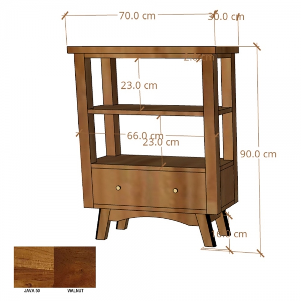 Holzkonsole BONN 70 cm mit Schublade und Regal aus Akazienholz - Farbe JAVA 50