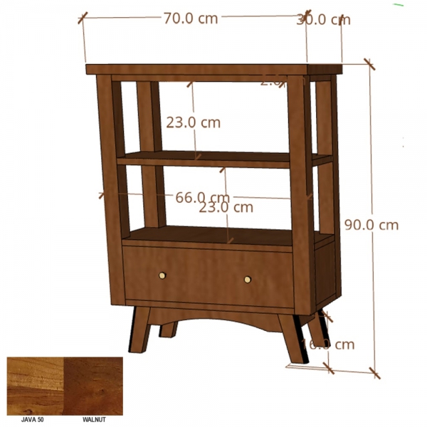 Holzkonsole BONN 70 cm mit Schublade und Regal aus Akazienholz - Farbe WALNUT