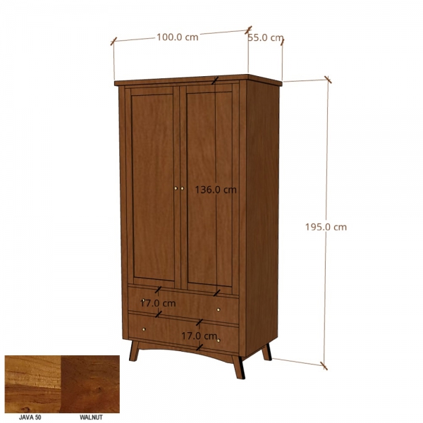 Kleiderschrank aus Holz BONN 100 cm mit Schubladen aus Akazienholz - Farbe WALNUT