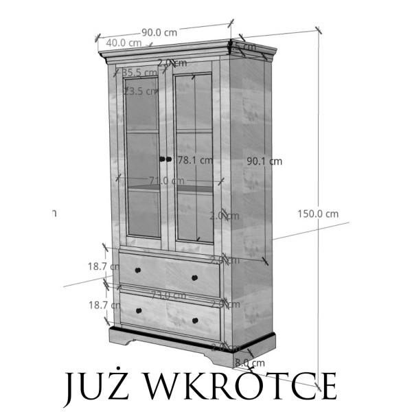 Przeszklona drewniana niska witryna LONDON 90 cm z drewna akacji w ciepłym brązie