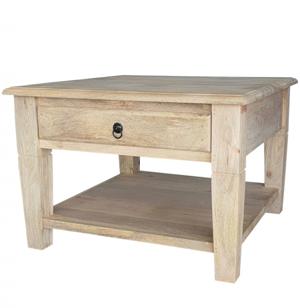 Kwadratowy klasyczny drewniany stolik z szufladą 80x80