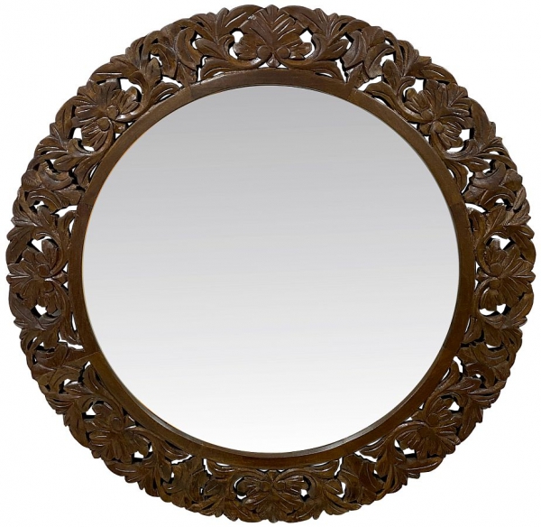 Okrągłe drewniane lustro ażurowe 90 cm brązowe