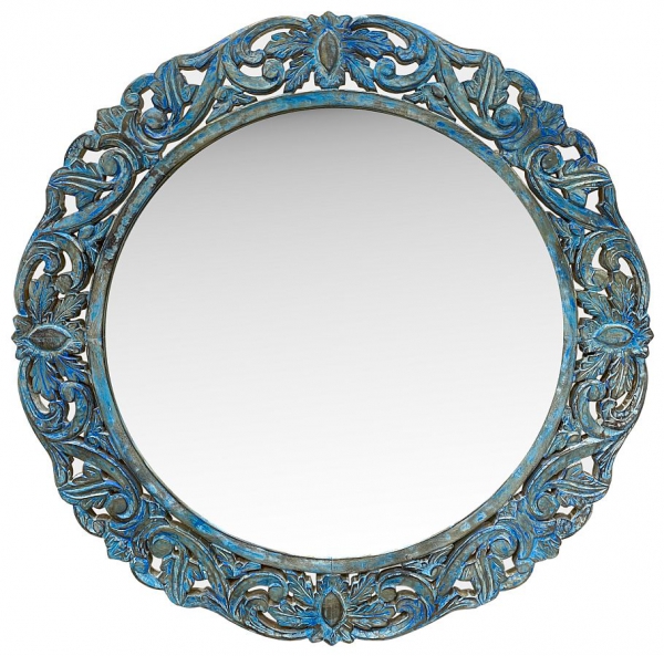 Spiegel mit Holzrahmen, rund 120 cm, blau mit Pflanzenmotiv