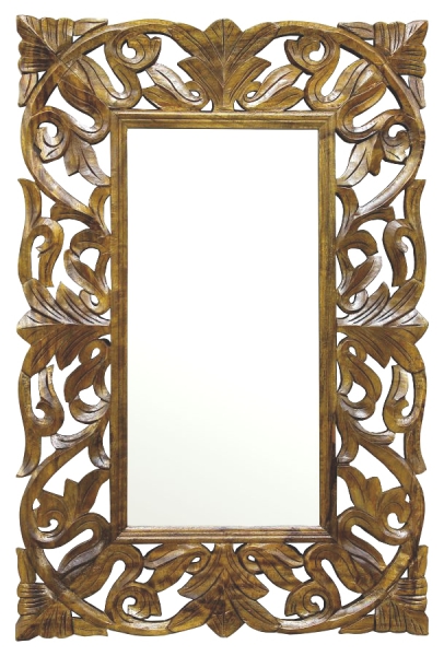 Spiegel aus Holz 90x60 cm z geschnitztem, dekorativem, durchbrochenem Rahmen aus Mango in Toffee