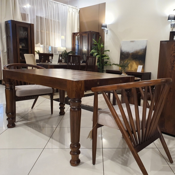 Klasyczny drewniany stół z dostawkami 140x90 cm z mango brąz rozkładany - ozdobne toczone nogi