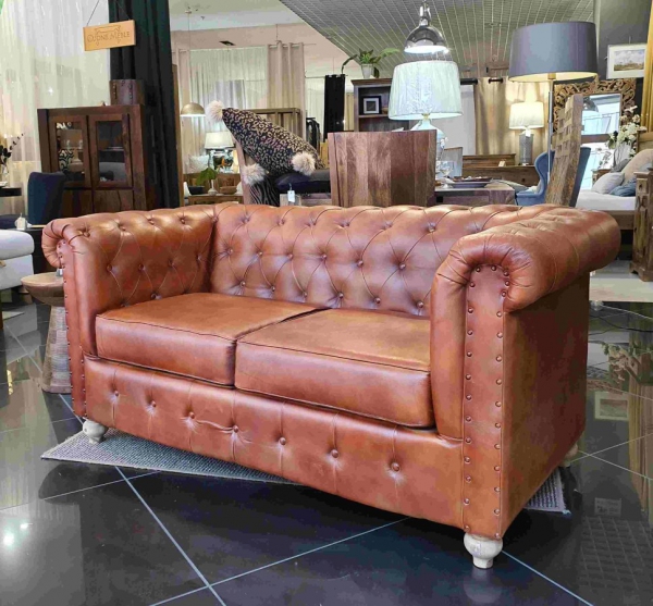 Sofa skórzana Chesterfield  155 cm- jasny brąz - koniak - AKTUALNIE DOSTĘPNY