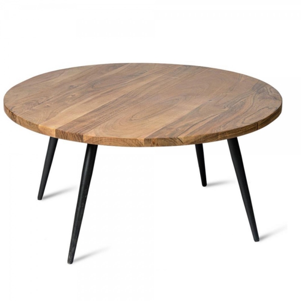 Okrągły stolik SKAWA z akacji 86 cm na czarnych metalowych nogach - industrialny kawowy stolik
